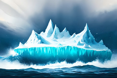 Icebergs floating in the ocean with stormy sky background illustrationの素材