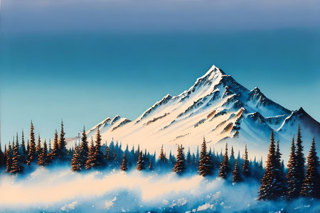 Beautiful winter landscape with snowy mountains and blue sky. Digital paintingの素材