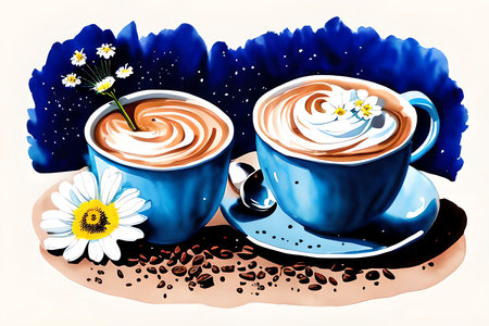 Coffee cup with white daisies on a blue backgroundの素材