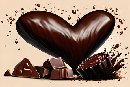 Chocolate heart with chocolate pieces and splashes on beige backgroundの素材
