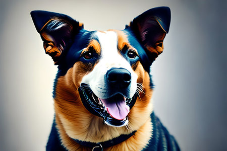 Portrait of a dog with blue eyes on a light background.の素材