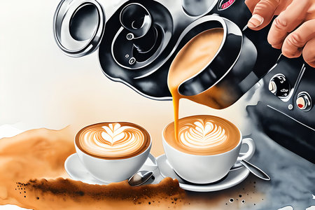 Coffee pouring into a cup of cappuccino. 3d illustrationの素材