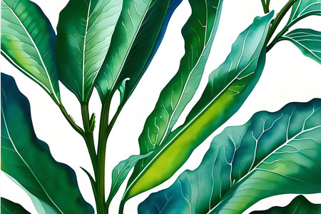 Illustration of a green tropical leaf on a white background with space for textの素材