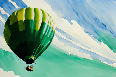Colorful hot air balloon flying in blue sky with white clouds.の素材