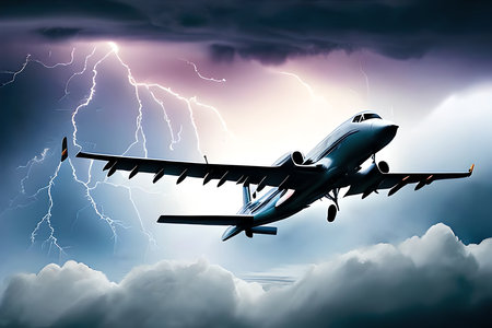 Airplane flying in the sky with thunderstorm. 3D renderingの素材