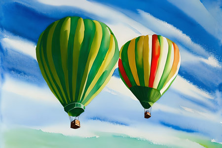 Colorful hot air balloons flying in the sky. Vector illustration.の素材