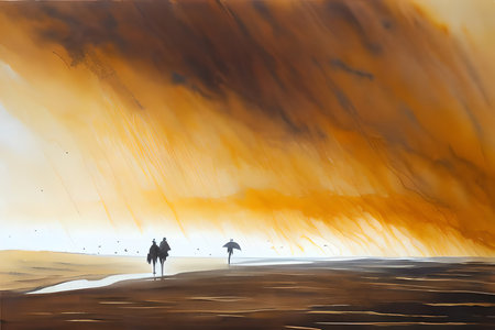 Illustration of two men walking on a sand dune with orange skyの素材