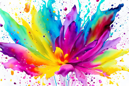 Colorful background with flowers and paint splashes. 3d illustrationの素材