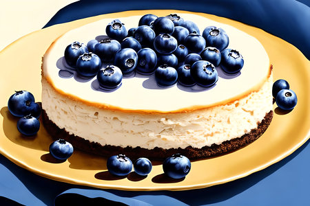 Cheesecake with blueberries on a blue background. 3d renderingの素材