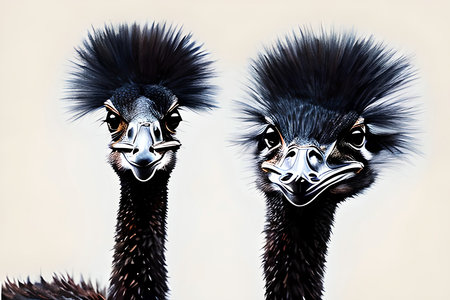 Emu birds on a white background. 3D render. Close-up.の素材