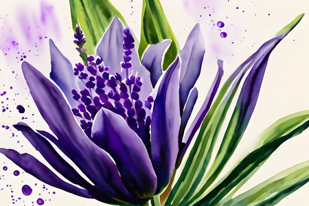 Watercolor illustration of a purple crocus flower with green leaves.の素材
