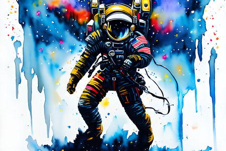 Astronaut in spacesuit against the background of the watercolor painting.の素材