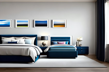 3d render of modern bedroom with blue and white walls, wooden floor, comfortable king size bed and two posters on the wall.の素材