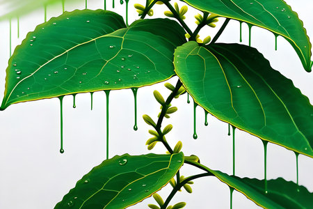 Leaves with drops of water on a white background, close-upの素材