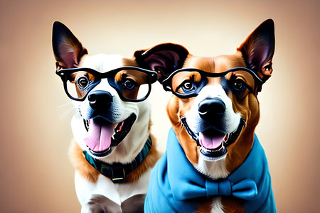 Two dogs in glasses and a blue bow tie. Studio shot.の素材