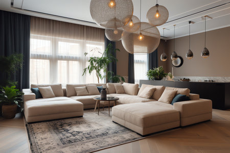 Modern living room interior design with beige sofa. 3d renderの素材
