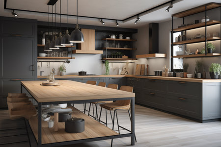 3d render of modern kitchen in a loft style with wooden floorの素材