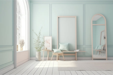 Interior of living room with blue walls and wooden floor, 3d renderの素材