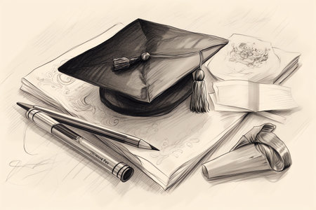 Pencil drawing of graduation cap, book, certificate and diploma.の素材