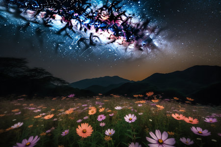 Milky Way Galaxy over cosmos flower field with starry sky.の素材