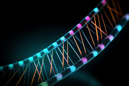 Digital illustration DNA structure with colour lights on black background. 3D renderingの素材