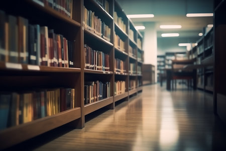 Library interior with bookshelves, shallow depth of field. Selective focus.の素材