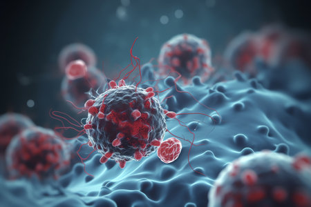 Virus cells in human body. 3d rendering for medical background.の素材