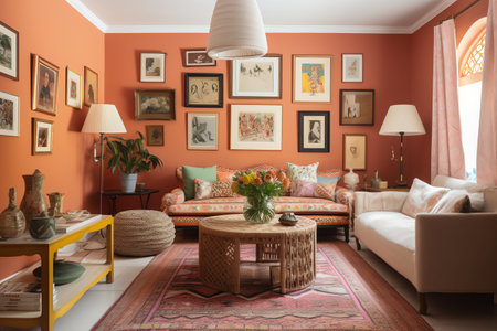 Interior of living room with colorful paintings on wall, furniture and tableの素材
