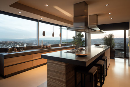 interior of modern kitchen with panoramic view of the cityの素材