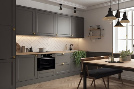 Kitchen interior with wooden floor, black and gray walls, wooden floor, wooden countertops and cupboards. 3d renderingの素材