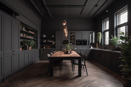 Interior of modern kitchen with dark gray walls, wooden floor, black cupboards and dining table with chairs. 3d renderingの素材