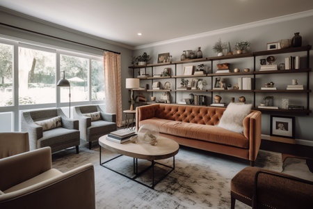 Interior of a living room with a brown sofa, coffee table and bookshelvesの素材