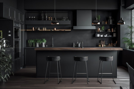 Dark kitchen interior with black walls, wooden floor, black countertops and bar with stools. 3d renderingの素材