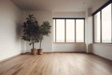 Interior of empty room with white walls, wooden floor, window and plant in pot. 3d renderingの素材