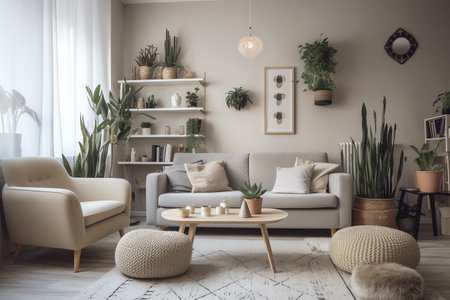 Interior of living room with beige sofa, coffee table and plantsの素材