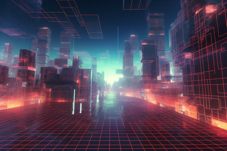 3D rendering of a futuristic city with neon lights and lines.の素材