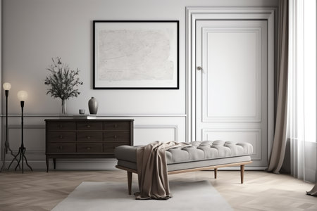 Interior of modern living room with white walls, parquet floor, gray sofa and mock up poster frame. 3d renderingの素材