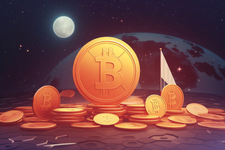 Bitcoin on the background of the planet and the moon. 3d renderingの素材