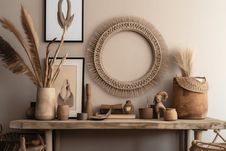 Stylish composition of living room interior with wooden shelf, design elements and accessoriesの素材