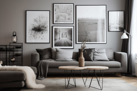 Interior of modern living room with gray sofa, coffee table and pictures on wallの素材