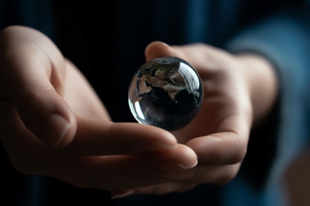 Glass globe in hand on dark background, closeup. Global warming conceptの素材