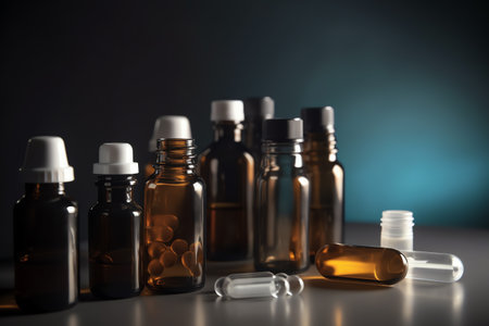 Medicine bottles and pills on table against dark background. Medical conceptの素材