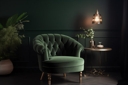 Green armchair in dark interior. 3d render illustration mock upの素材