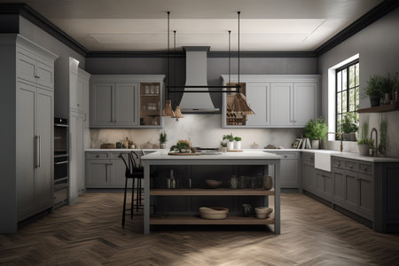 3d Illustration of white modern kitchen in a loft with a beautiful designの素材