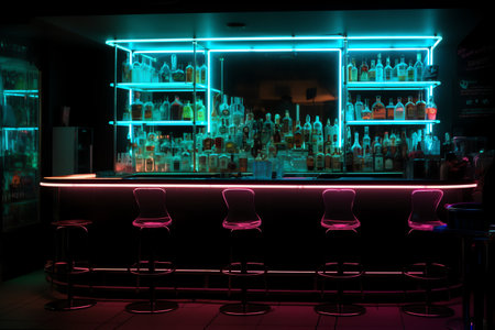 colorful neon lights on bar counter in night club, bar interiorの素材