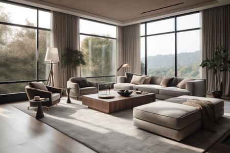 Luxury living room interior with a panoramic window overlooking the countryside. 3d rendering mock upの素材