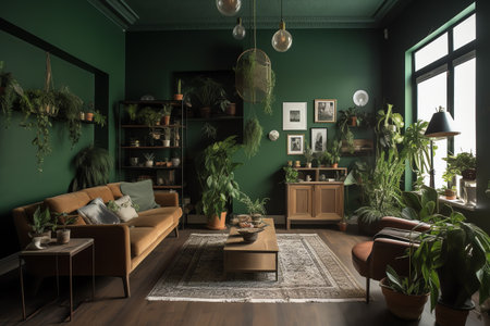 Living room interior with furniture and plants in pots. 3d renderの素材