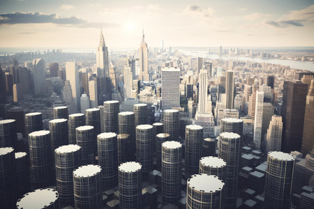 New York City skyscrapers at sunset, USA. 3D renderingの素材