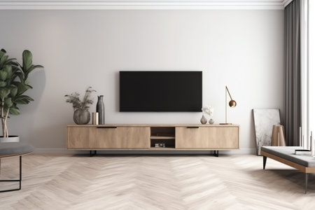 TV cabinet in modern living room with white walls and wooden floor. 3d renderingの素材
