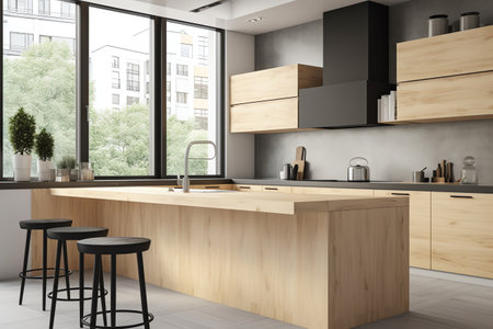 Interior of modern kitchen with gray walls, wooden countertops and wooden cupboards. 3d renderingの素材
